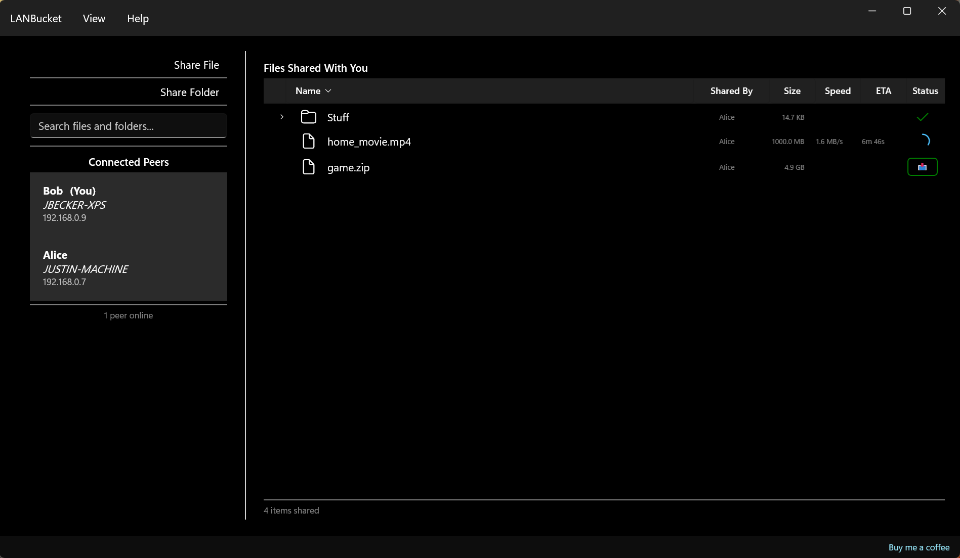 LANBucket app screenshot showing local network file sharing